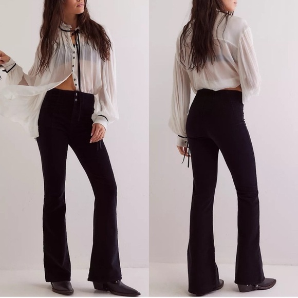 WE THE FREE PEOPLE JAYDE HIGH RISE BLACK DARTED CORDUROY FLARE PANTS - Picture 1 of 16